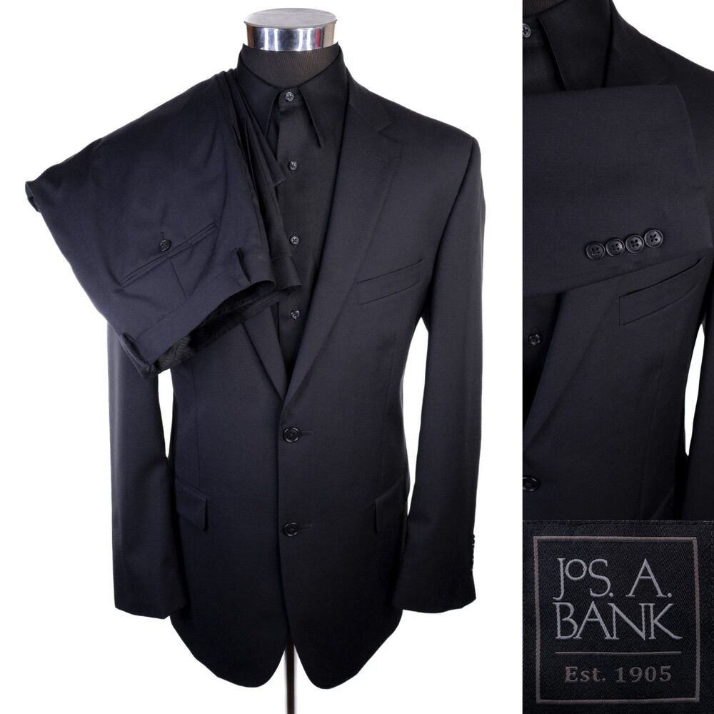 Jos A Bank 2-Pcs Solid Black Wool Suit Jacket Blazer Sz 43L Pants 37X32